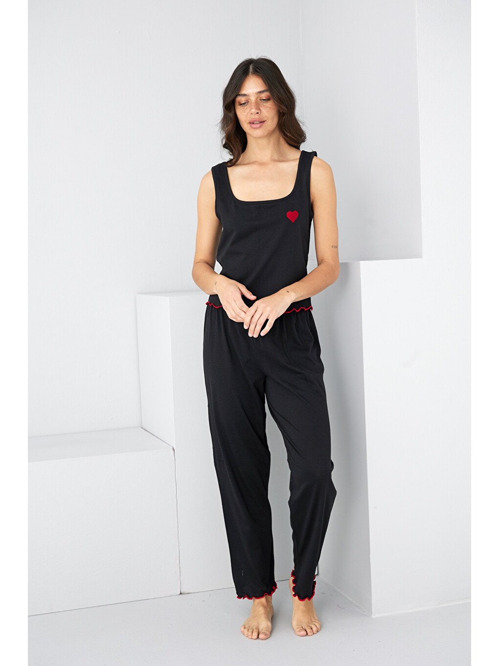 Siyah Kalın Askılı Örme Pijama Takım7884-1