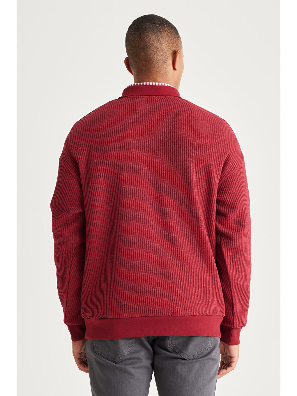 Erkek Bordo Loose Fit Polo Yaka Jakarlı Sweatshirt-5