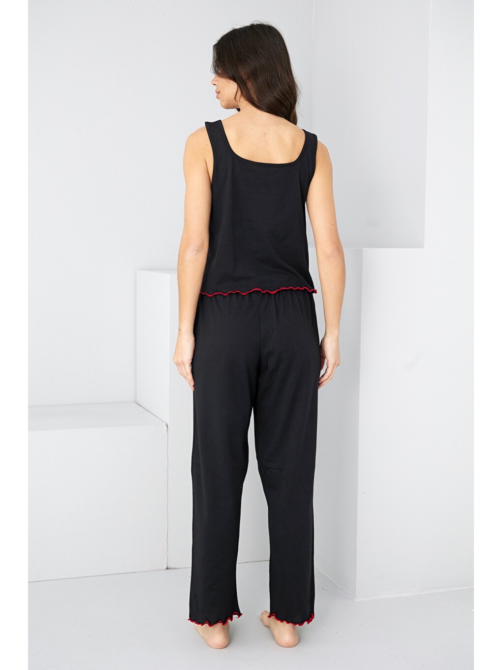 Siyah Kalın Askılı Örme Pijama Takım7884-2