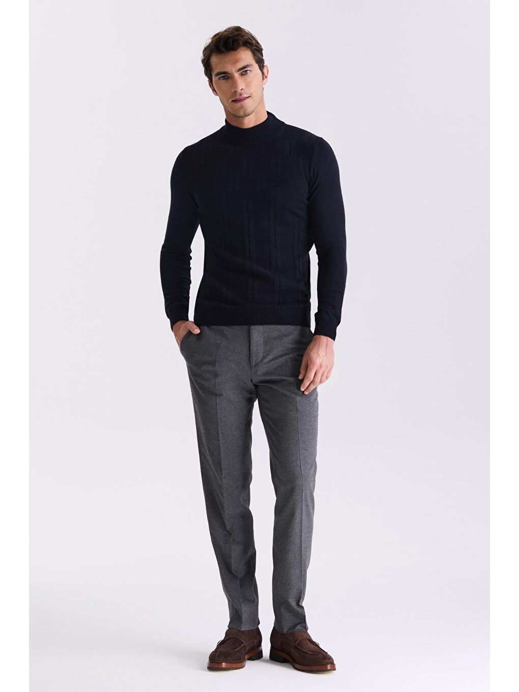 Lacivert Slim Fit Yarım Balıkçı Desenli Triko Kazak-1