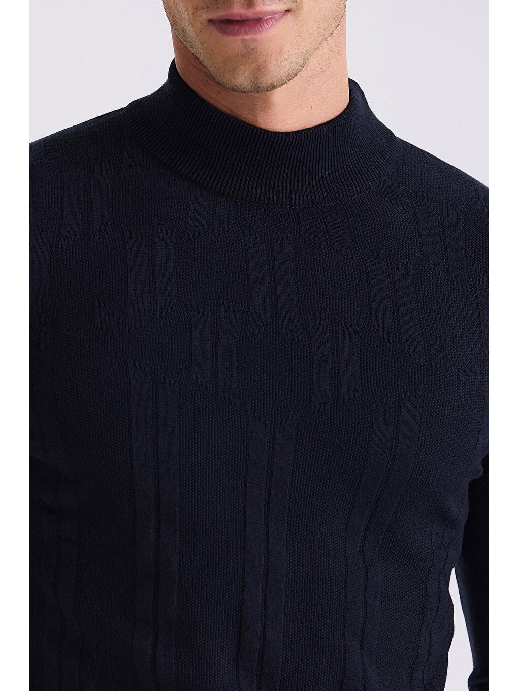 Lacivert Slim Fit Yarım Balıkçı Desenli Triko Kazak-2