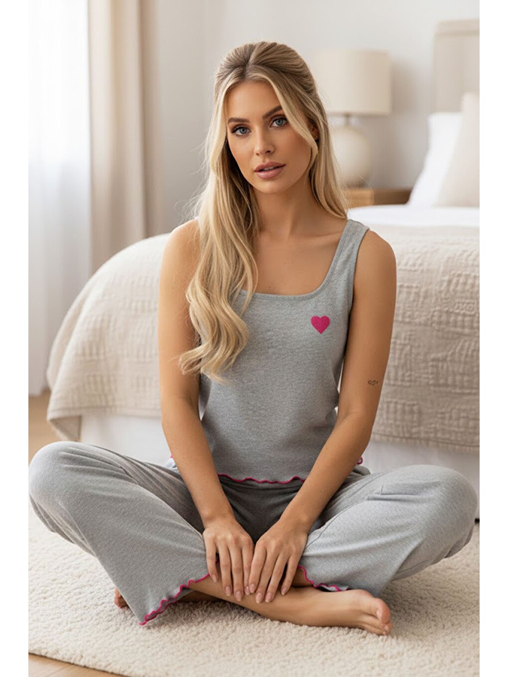 Gri Kalın Askılı Örme Pijama Takım7884