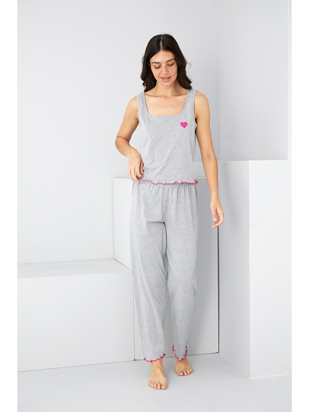 Gri Kalın Askılı Örme Pijama Takım7884-1