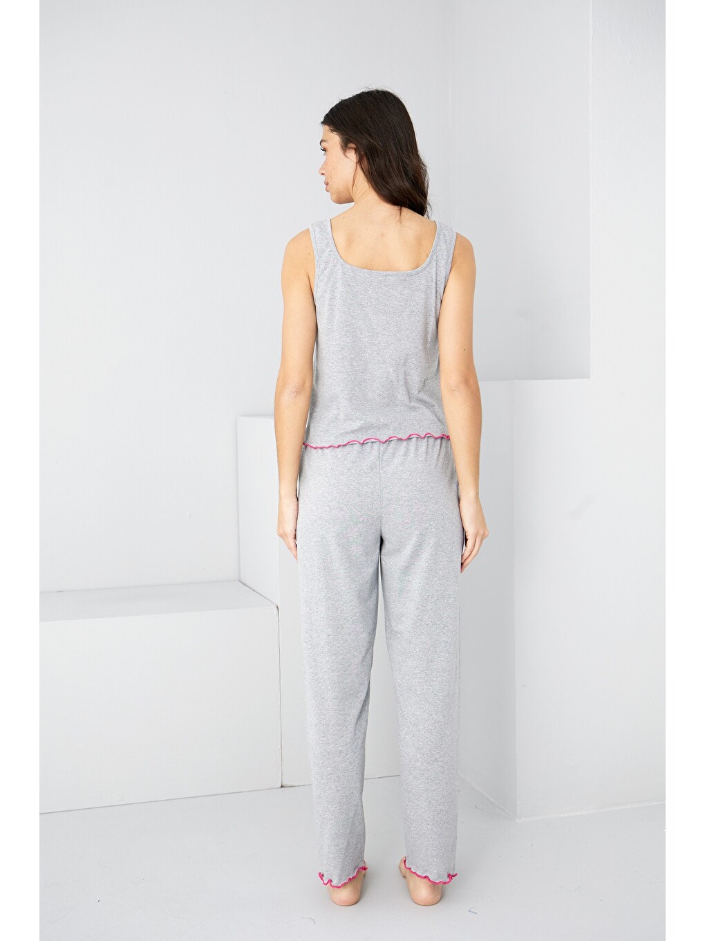 Gri Kalın Askılı Örme Pijama Takım7884-2