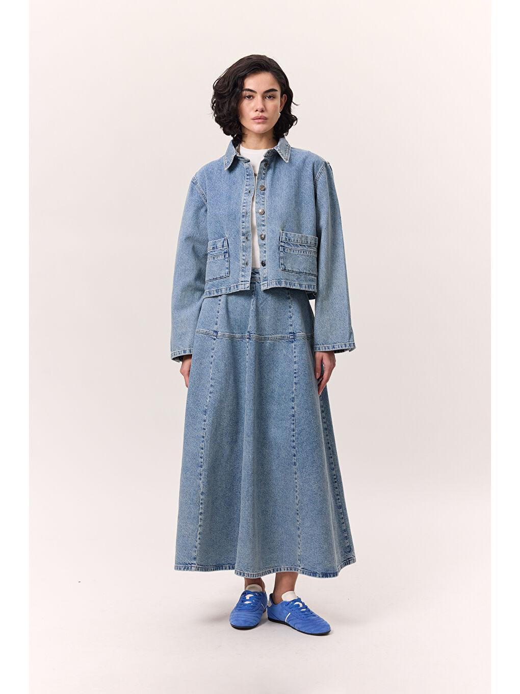 Geniş Büzgülü Denim Etek Mavi