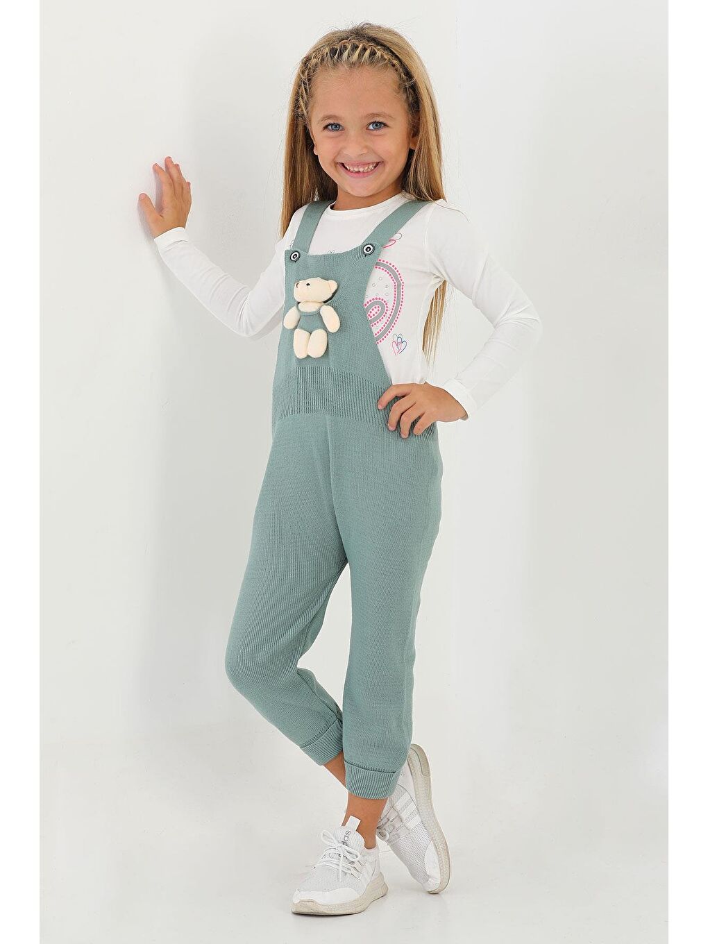 Askılı Düğmeli Önü Ayıcıklı Çağla Yeşil Renk Kız Çocuk Salopet-1