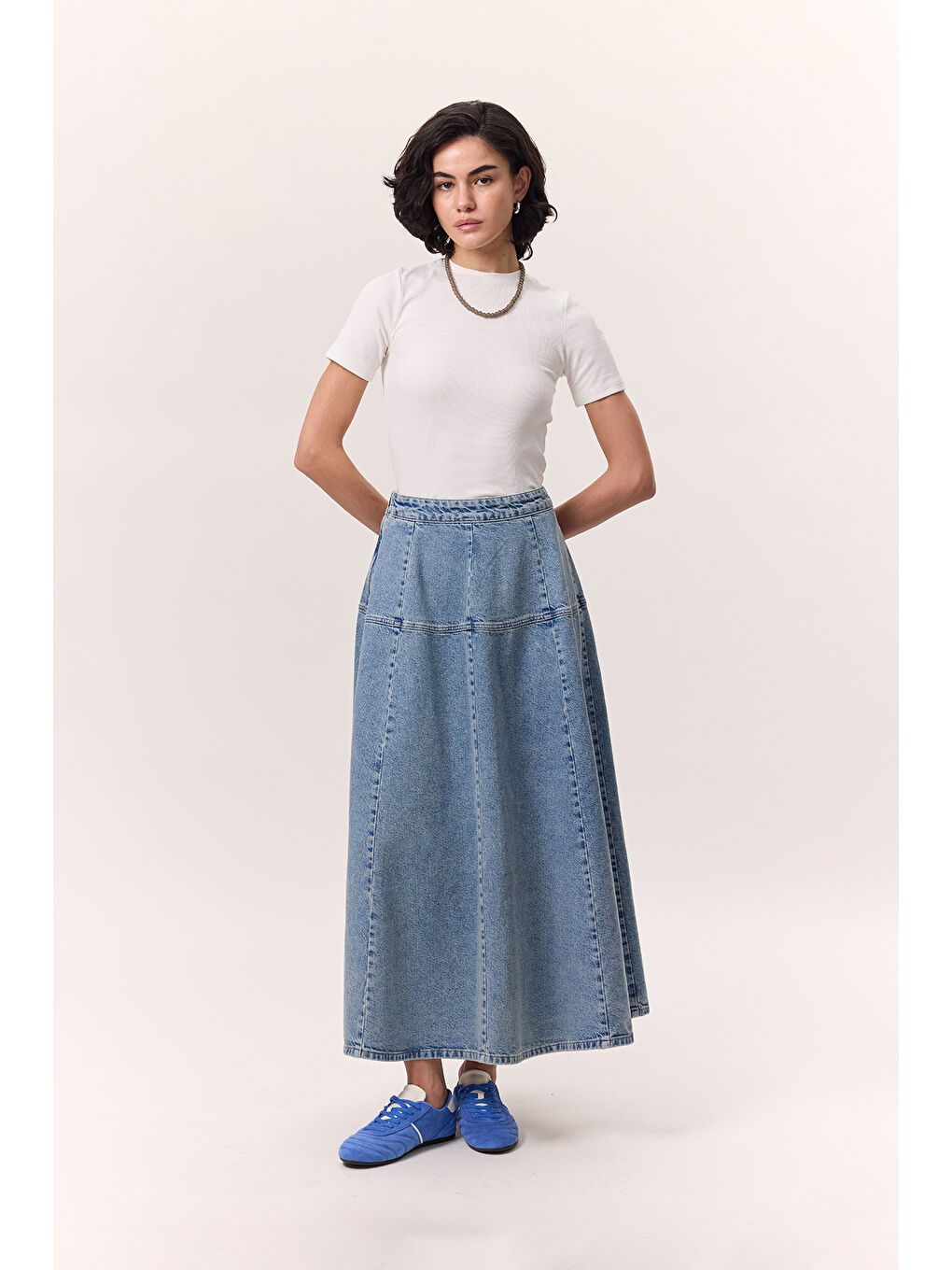 Geniş Büzgülü Denim Etek Mavi-1