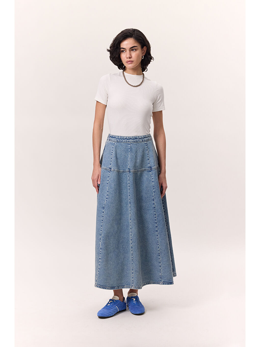 Geniş Büzgülü Denim Etek Mavi-2