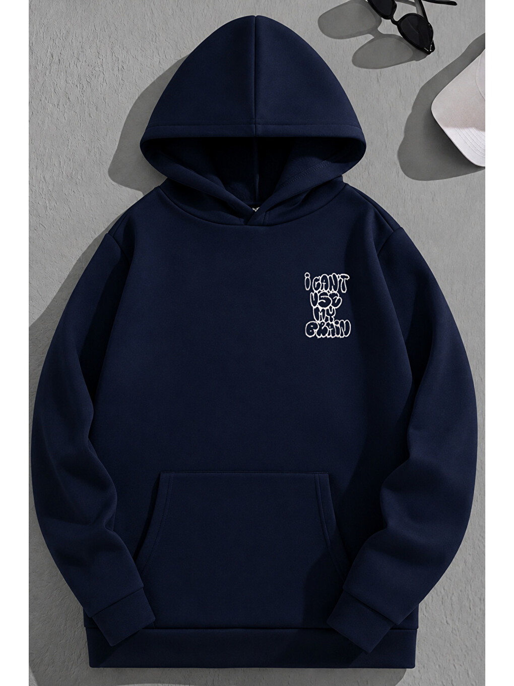 Unisex 3 İplik Pamuklu Lacivert Usemybrain Baskı Bol Kalıp Sweatshirt Hoodie-1
