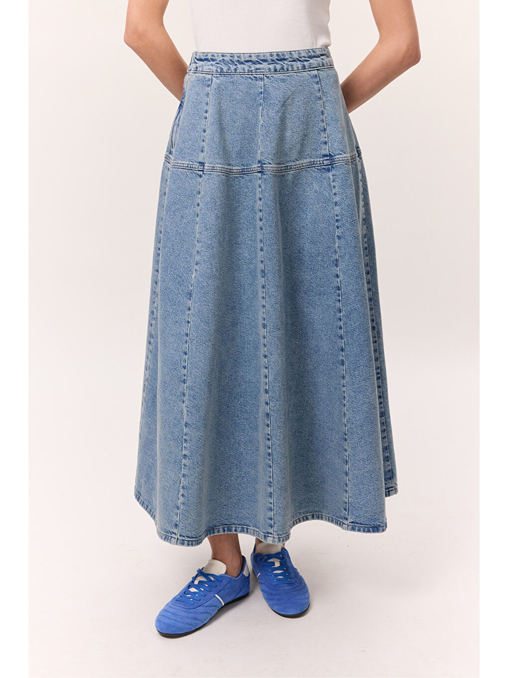 Geniş Büzgülü Denim Etek Mavi-3