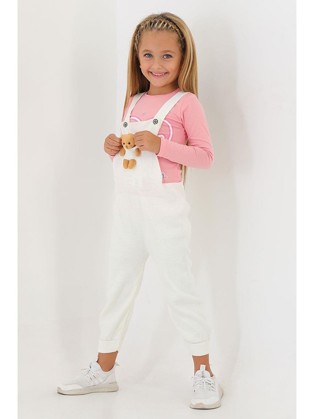 Askılı Düğmeli Önü Ayıcıklı Ekru Renk Kız Çocuk Salopet-1