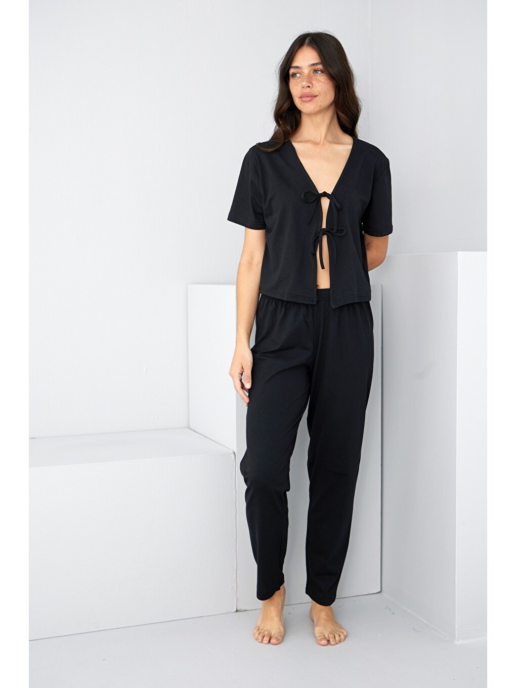 Siyah Bağlamalı Örme Pijama Takım7889-1