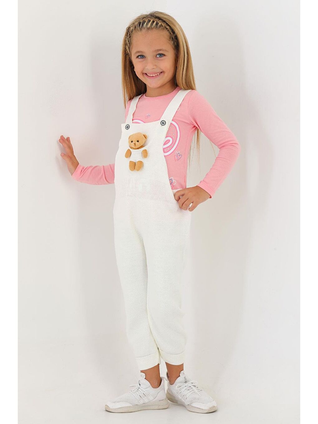 Askılı Düğmeli Önü Ayıcıklı Ekru Renk Kız Çocuk Salopet-2