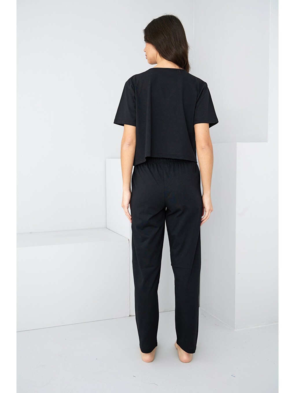 Siyah Bağlamalı Örme Pijama Takım7889-2