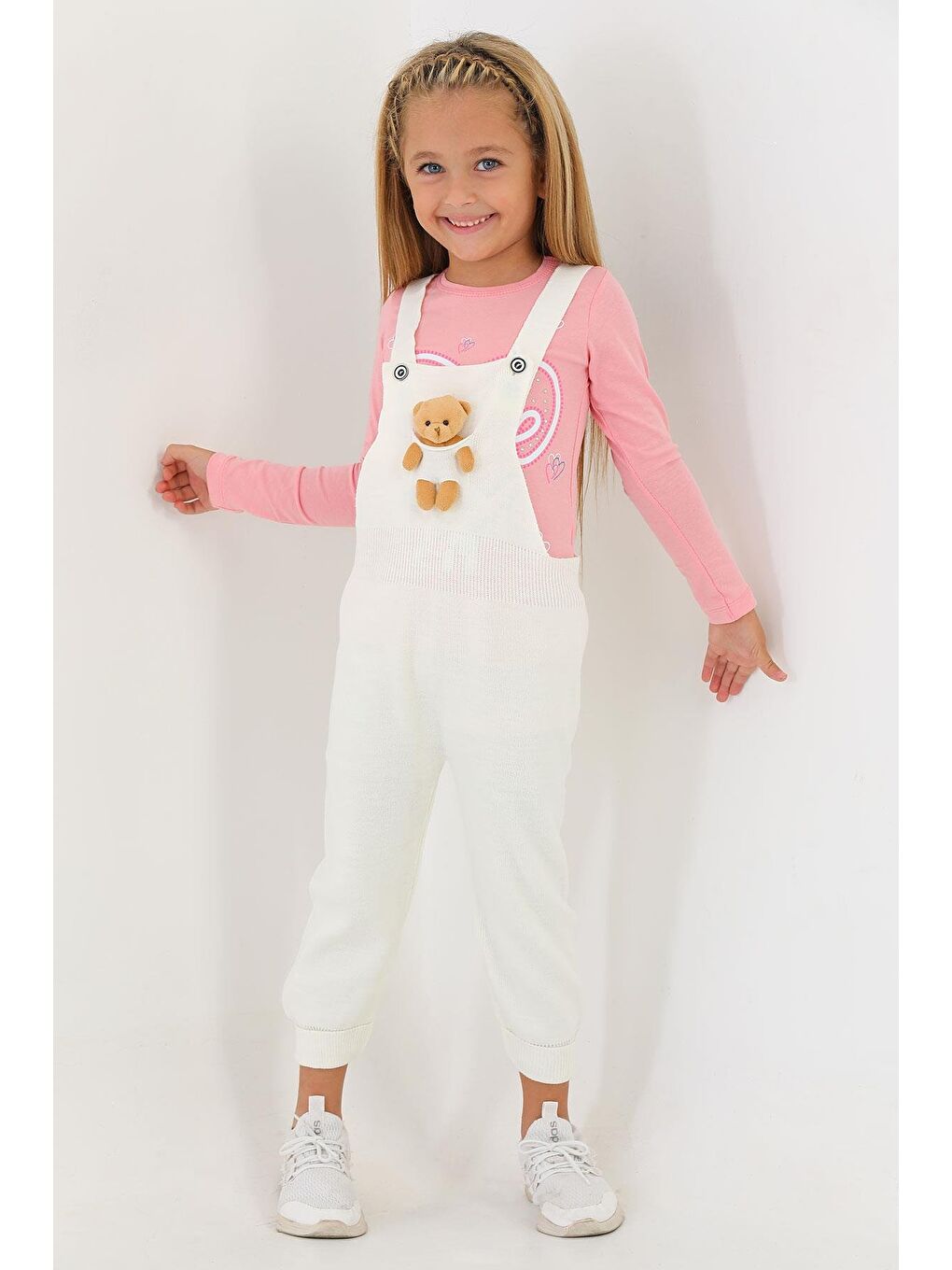 Askılı Düğmeli Önü Ayıcıklı Ekru Renk Kız Çocuk Salopet-3