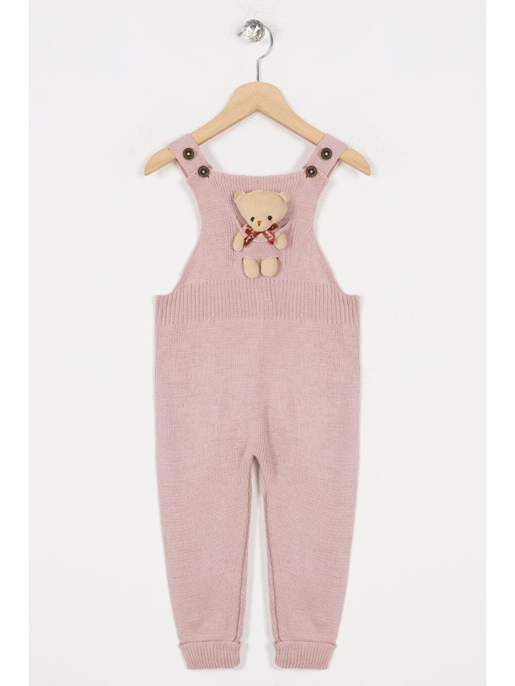 Pembe Askılı Düğmeli Önü Ayıcıklı Gül Kurusu Renk Kız Çocuk Salopet