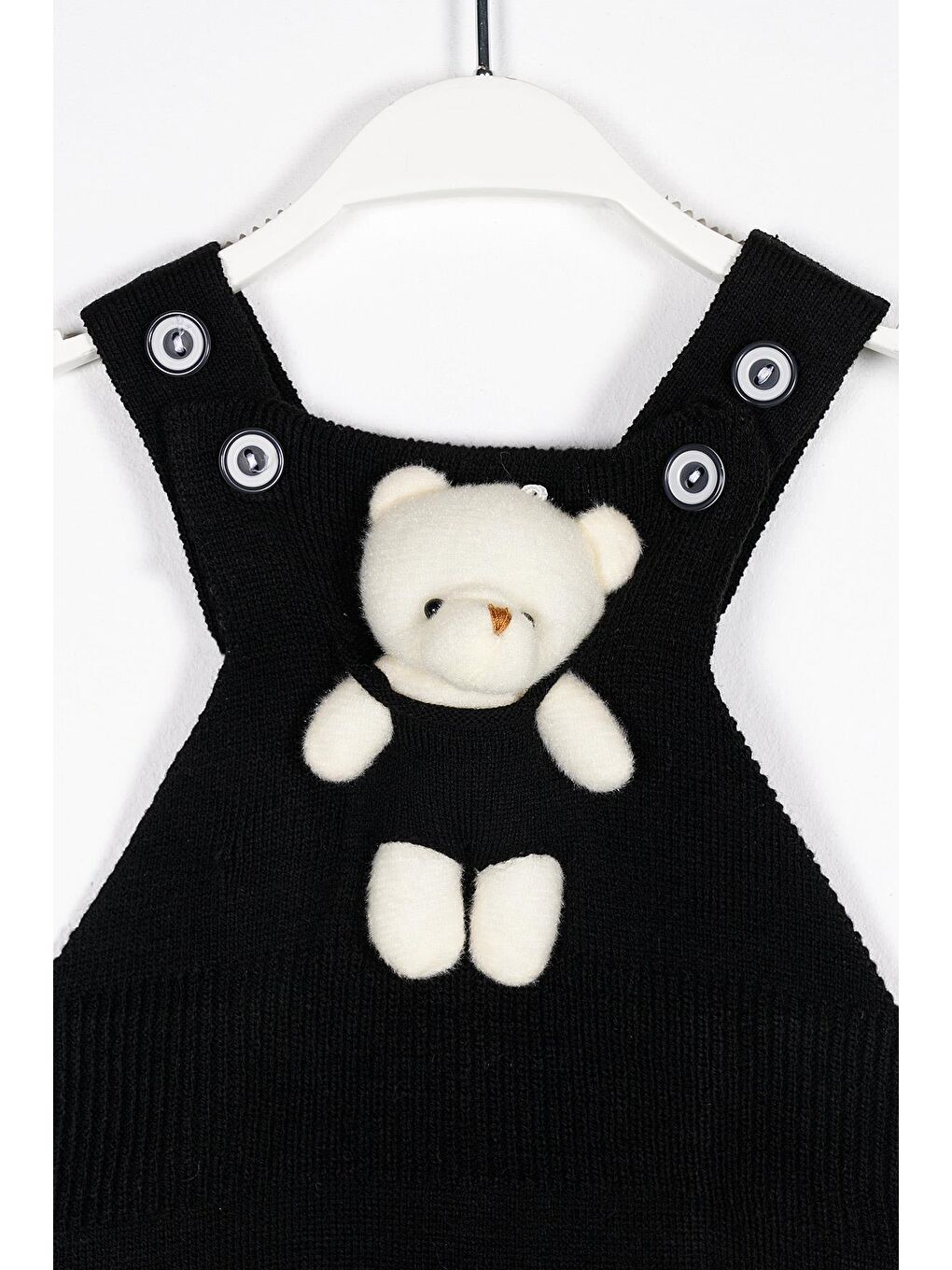 Askılı Düğmeli Önü Ayıcıklı Siyah Renk Kız Çocuk Salopet