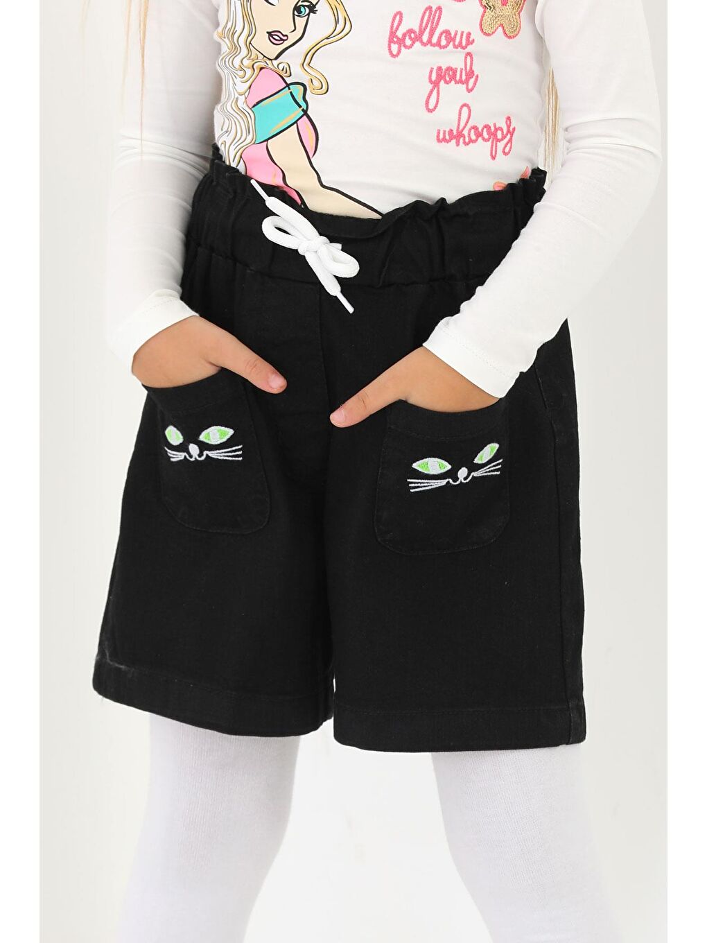 Kedi Baskılı Siyah Renk Kız Çocuk Sort-2