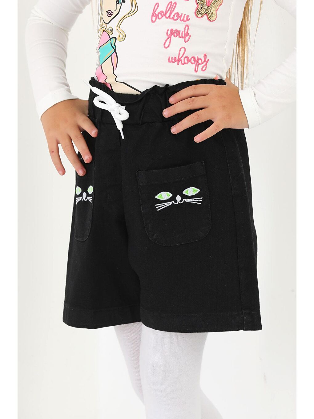 Kedi Baskılı Siyah Renk Kız Çocuk Sort-3