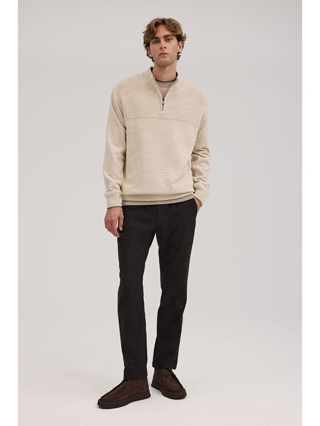 Bej Slim Fit Fermuarlı Triko Kazak-1