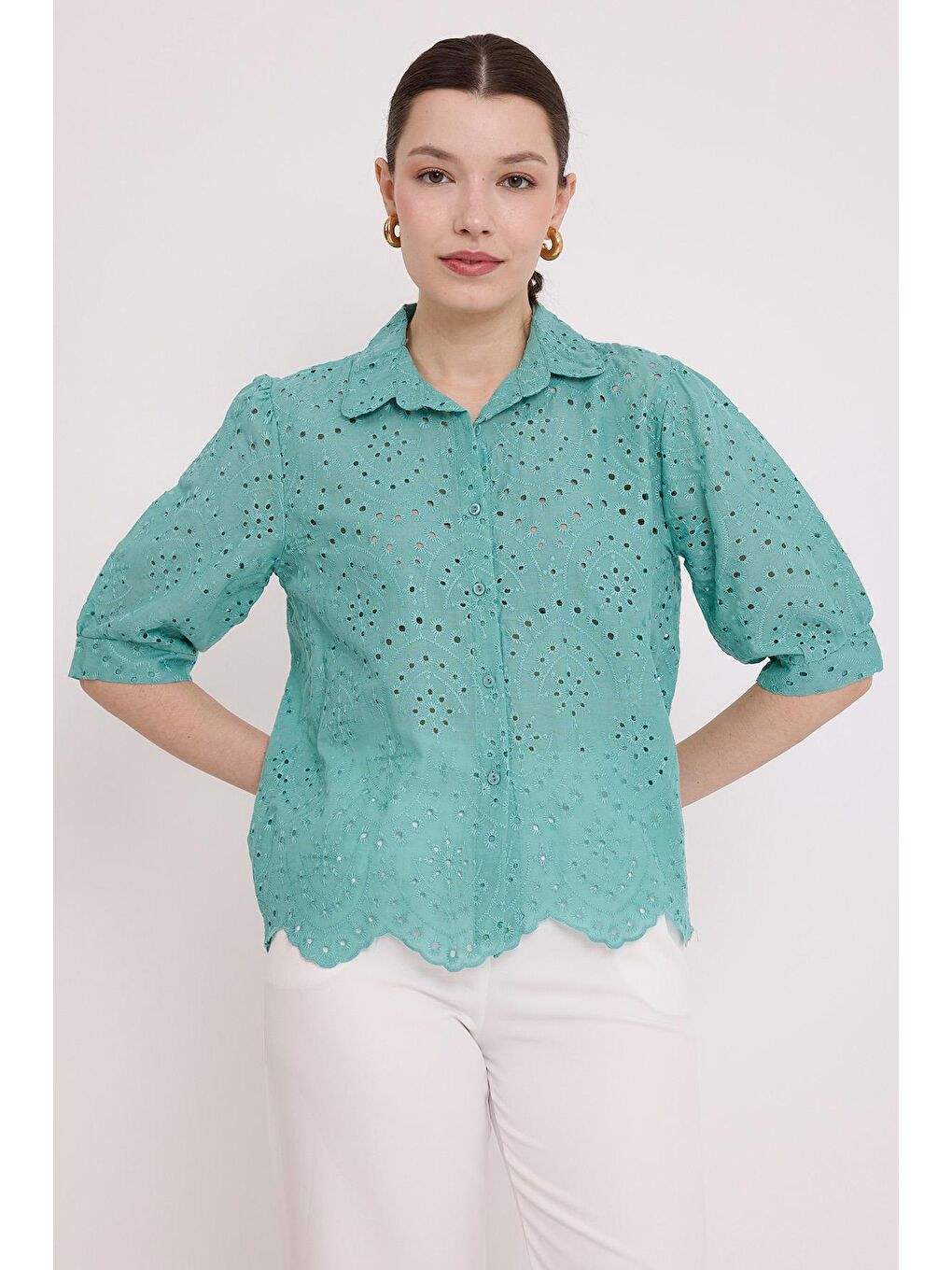 Yeşil Kadın Çağla Fistolu Kısa Kol Gömlek 20241