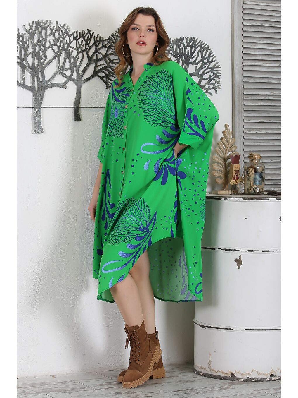 Yeşil Hakim Yaka 3/4 Kol Düğmeli Gizli Cepli Casual Oversize Dokuma Elbise 121 87-3