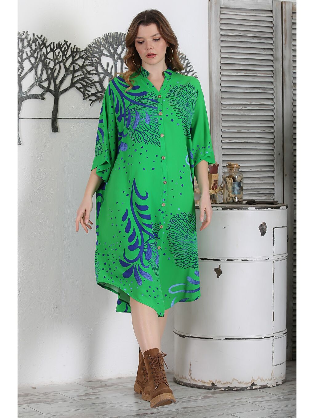 Yeşil Hakim Yaka 3/4 Kol Düğmeli Gizli Cepli Casual Oversize Dokuma Elbise 121 87-5