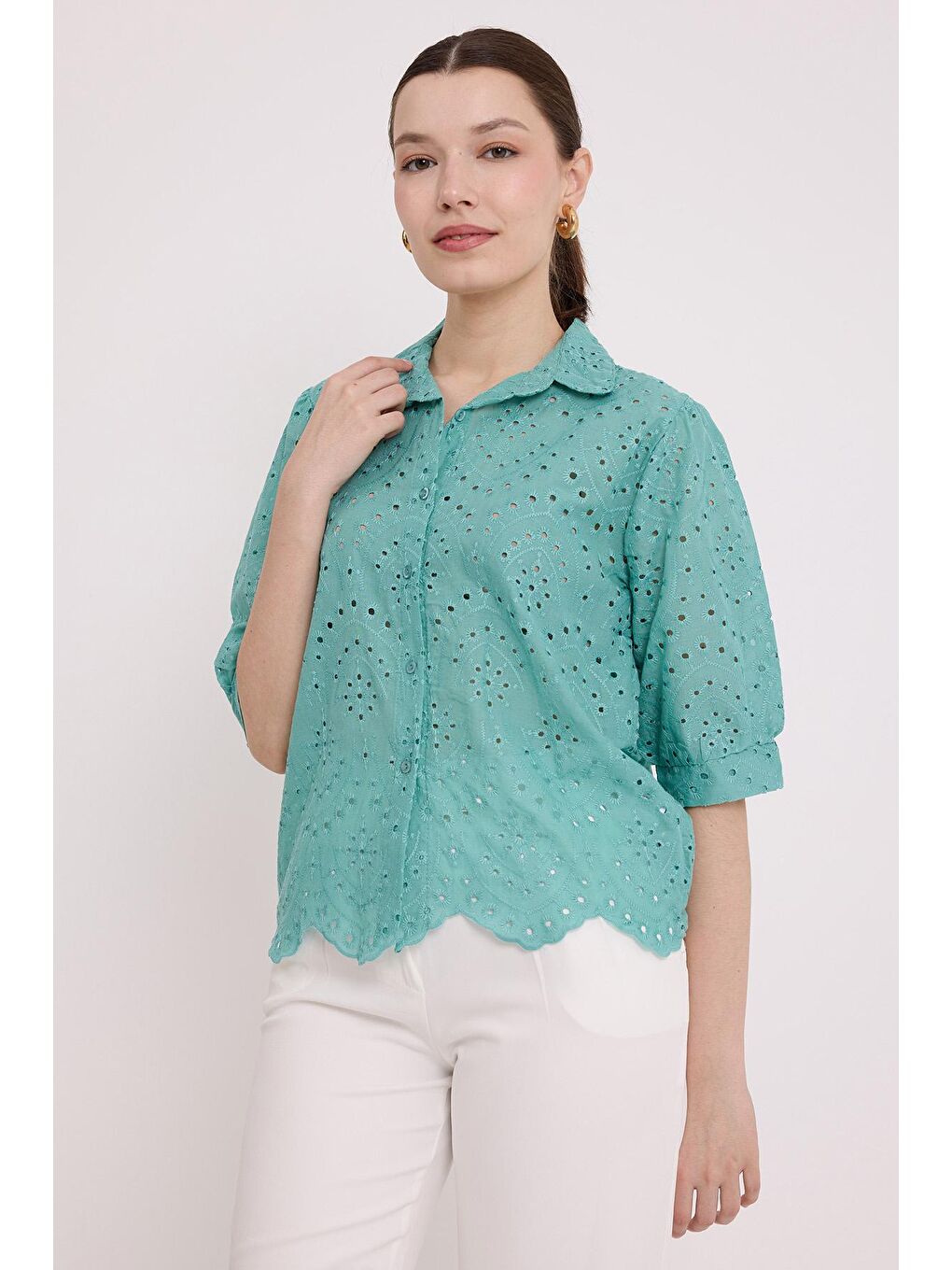 Yeşil Kadın Çağla Fistolu Kısa Kol Gömlek 20241-1