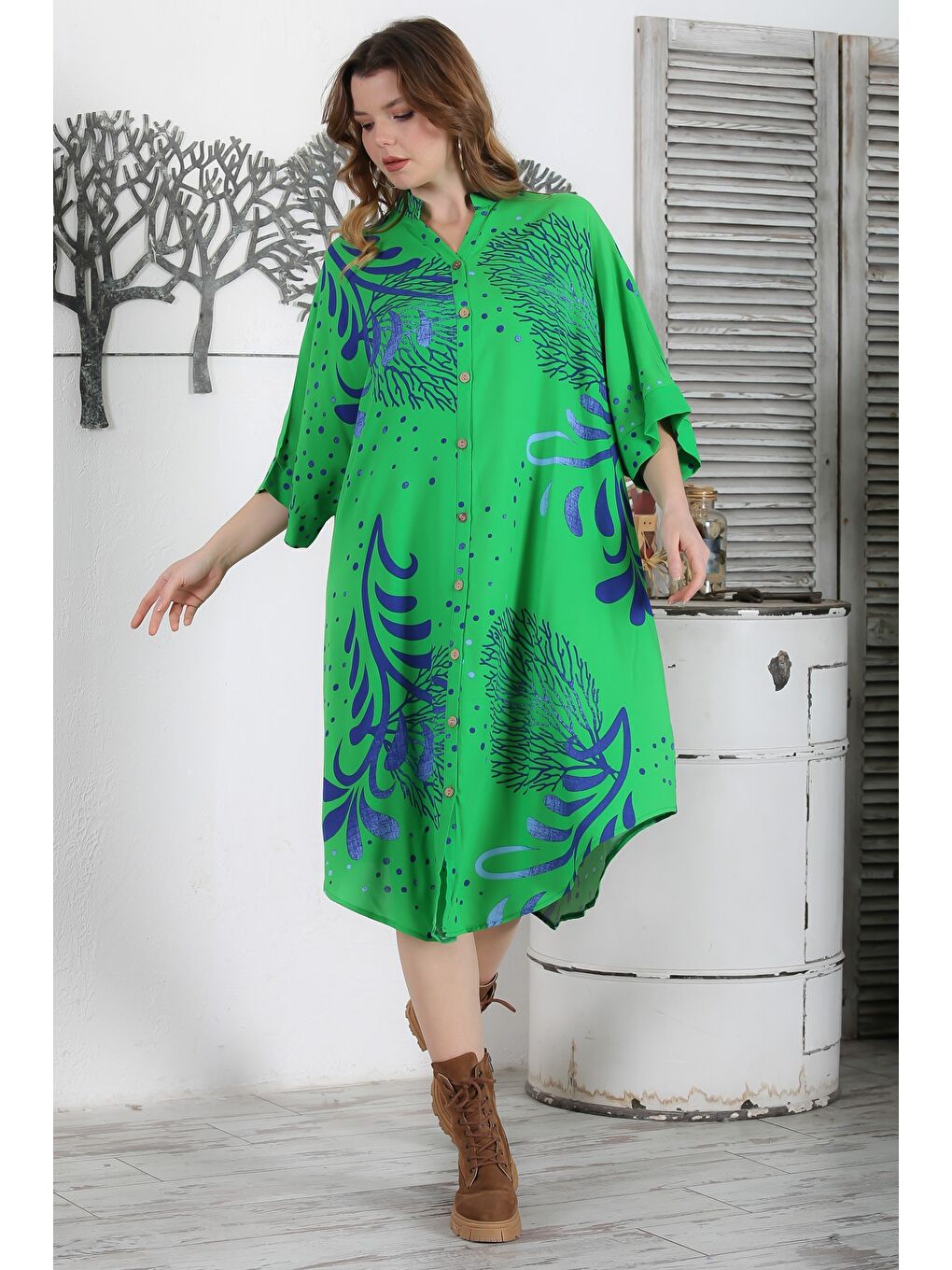 Yeşil Hakim Yaka 3/4 Kol Düğmeli Gizli Cepli Casual Oversize Dokuma Elbise 121 87-6