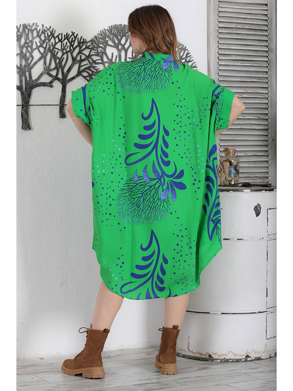 Yeşil Hakim Yaka 3/4 Kol Düğmeli Gizli Cepli Casual Oversize Dokuma Elbise 121 87-7