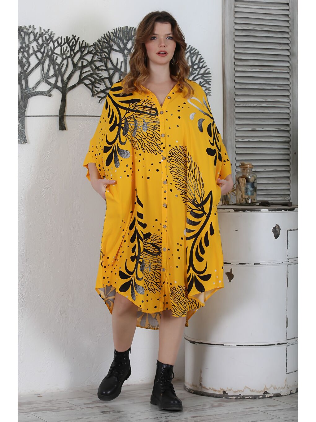 Sarı Hakim Yaka 3/4 Kol Düğmeli Gizli Cepli Casual Oversize Dokuma Elbise 121 87-2