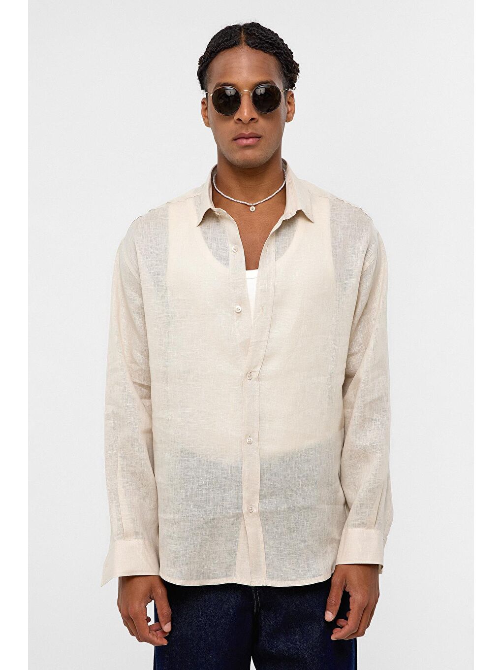 %100 Keten Oversize Uzun Kollu Gömlek Bej-1