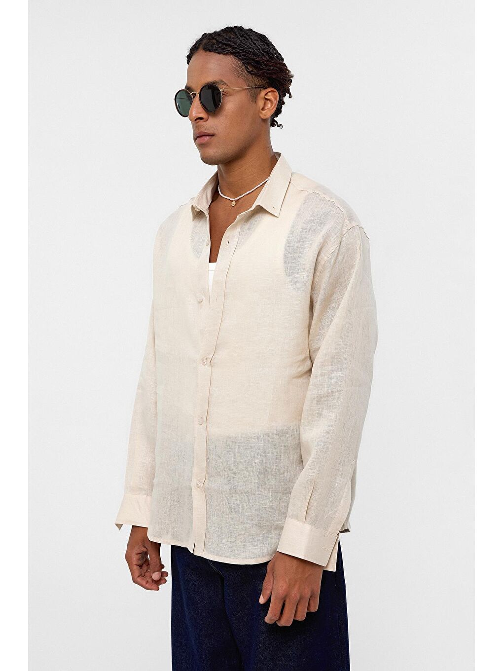 %100 Keten Oversize Uzun Kollu Gömlek Bej-2