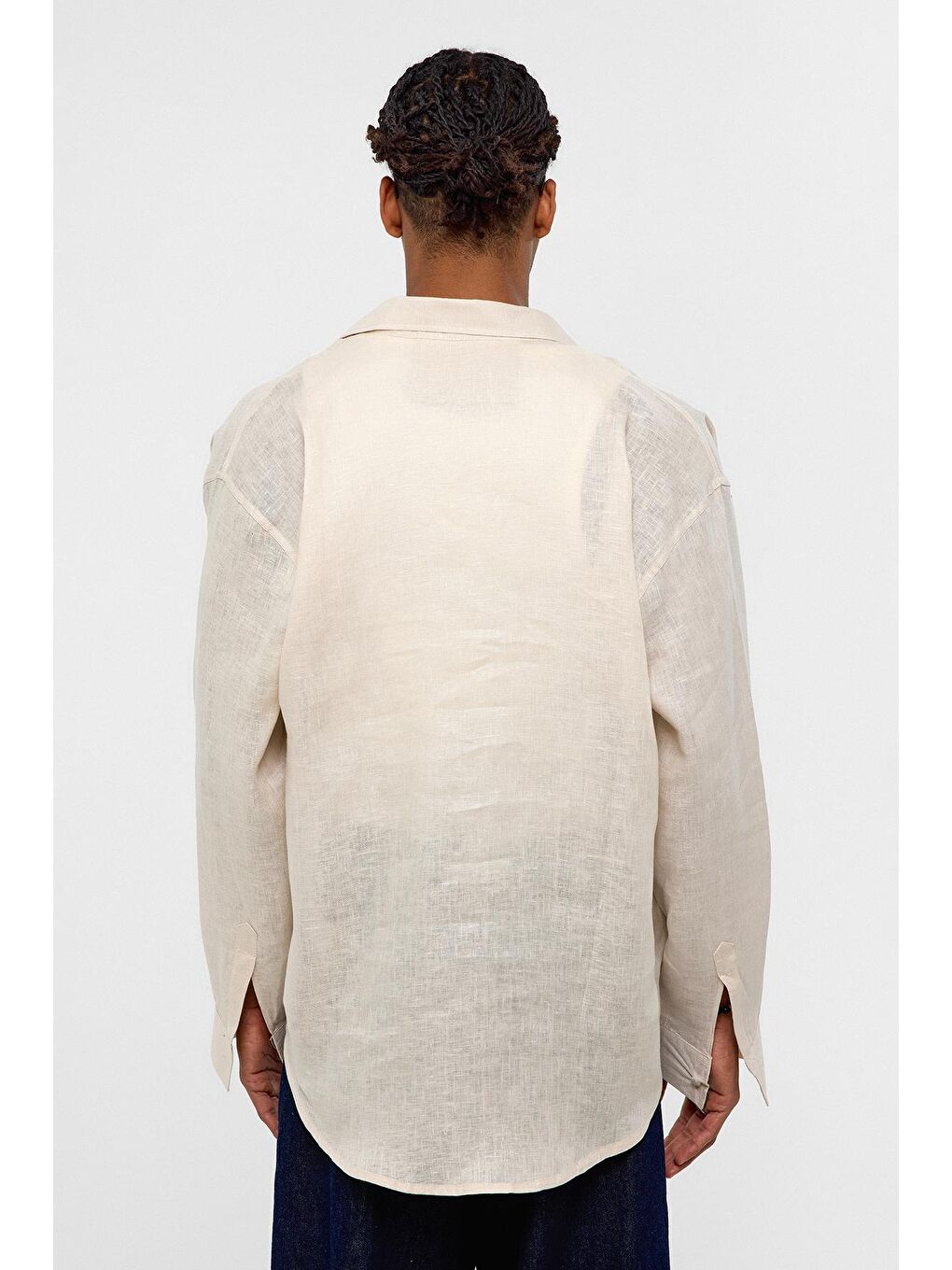 %100 Keten Oversize Uzun Kollu Gömlek Bej-3