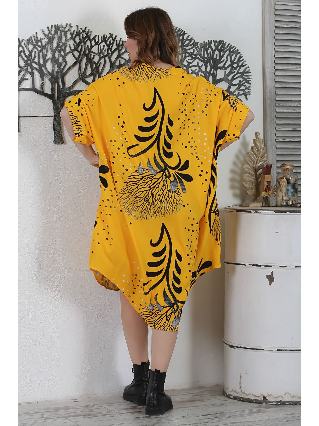 Sarı Hakim Yaka 3/4 Kol Düğmeli Gizli Cepli Casual Oversize Dokuma Elbise 121 87-7