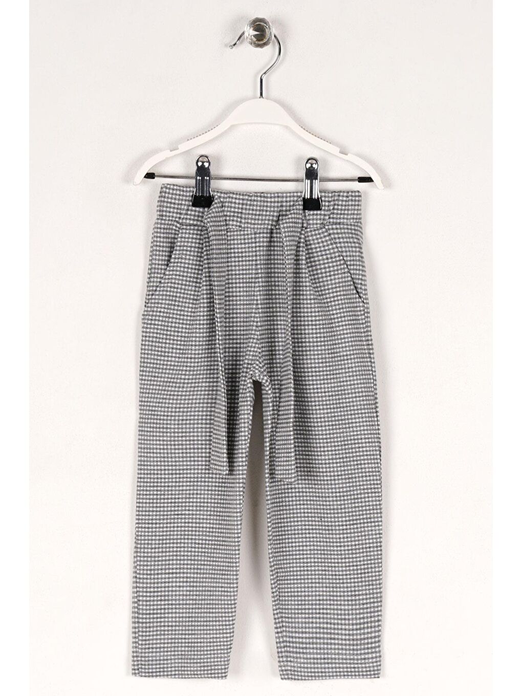 Ekose Desenli Beli Kuşaklı Gri Renk Kız Çocuk Pantolon