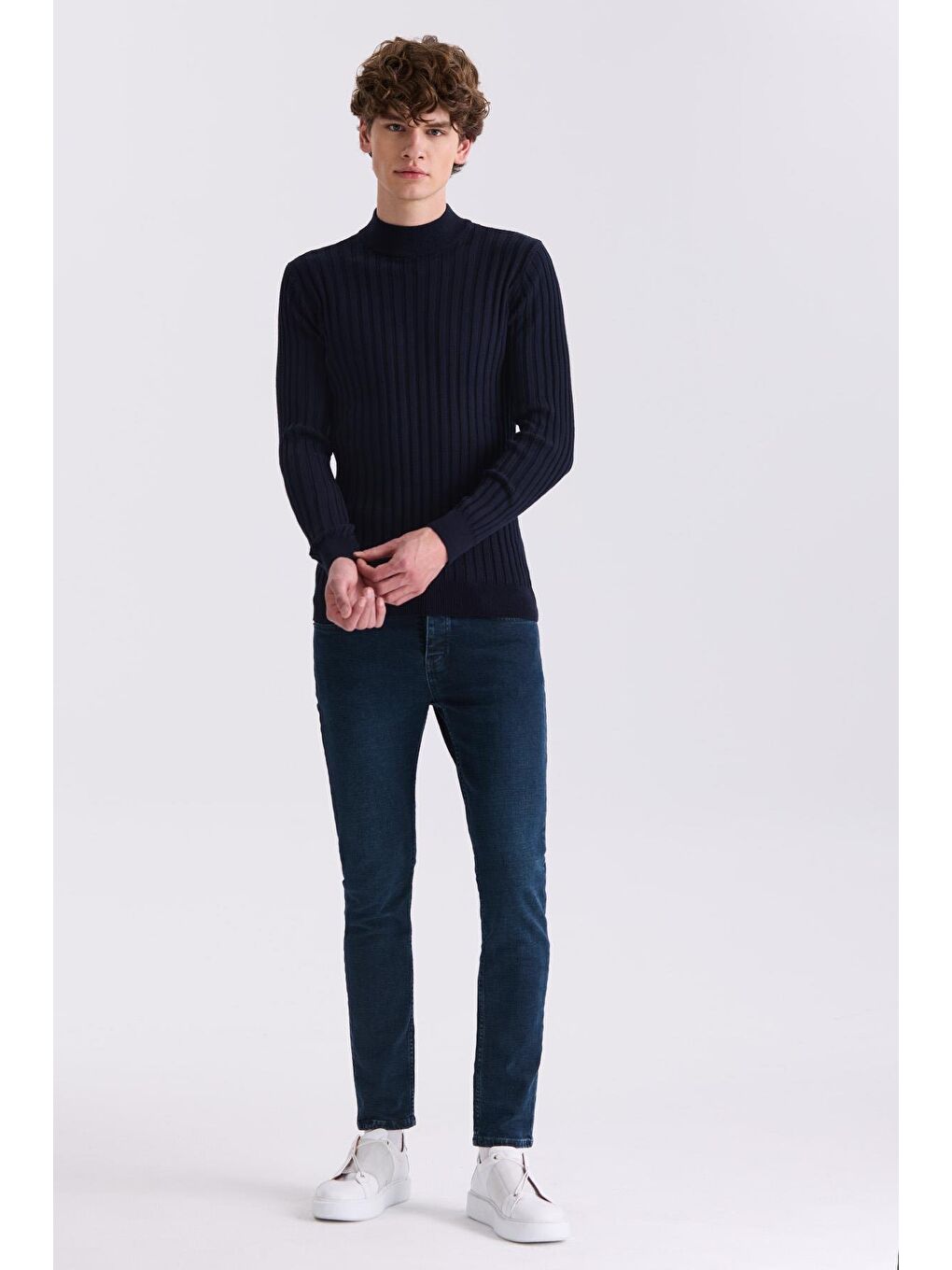 Lacivert Slim Fit Yarım Balıkçı Triko Kazak-1