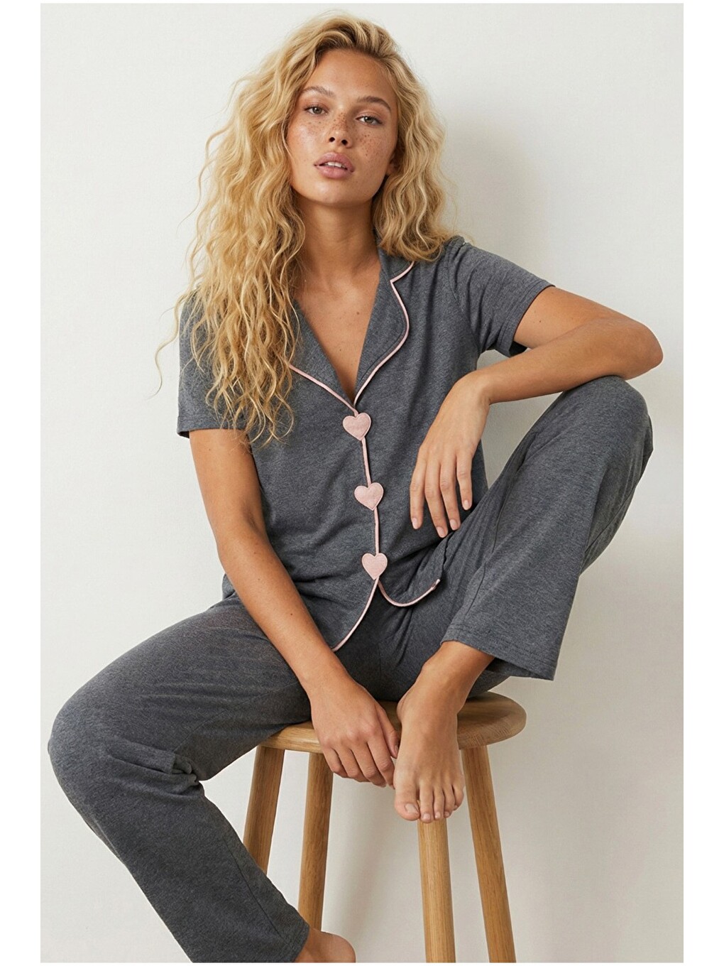 Antrasit Biye Detaylı Örme Pijama Takım7891
