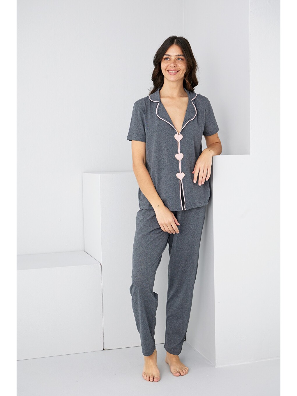 Antrasit Biye Detaylı Örme Pijama Takım7891-1