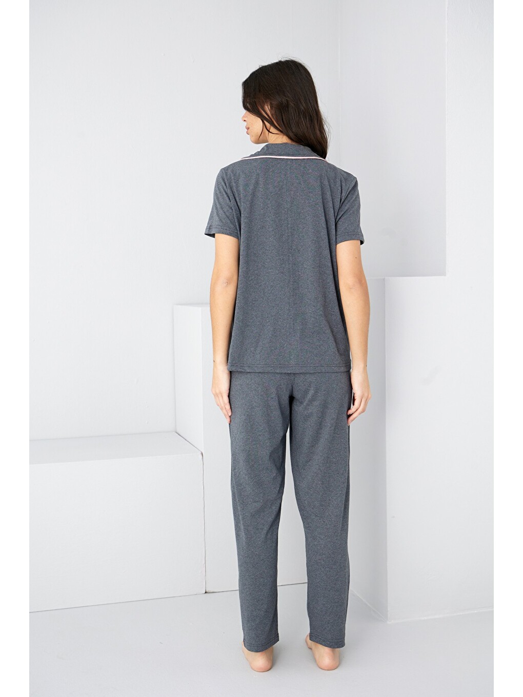 Antrasit Biye Detaylı Örme Pijama Takım7891-2