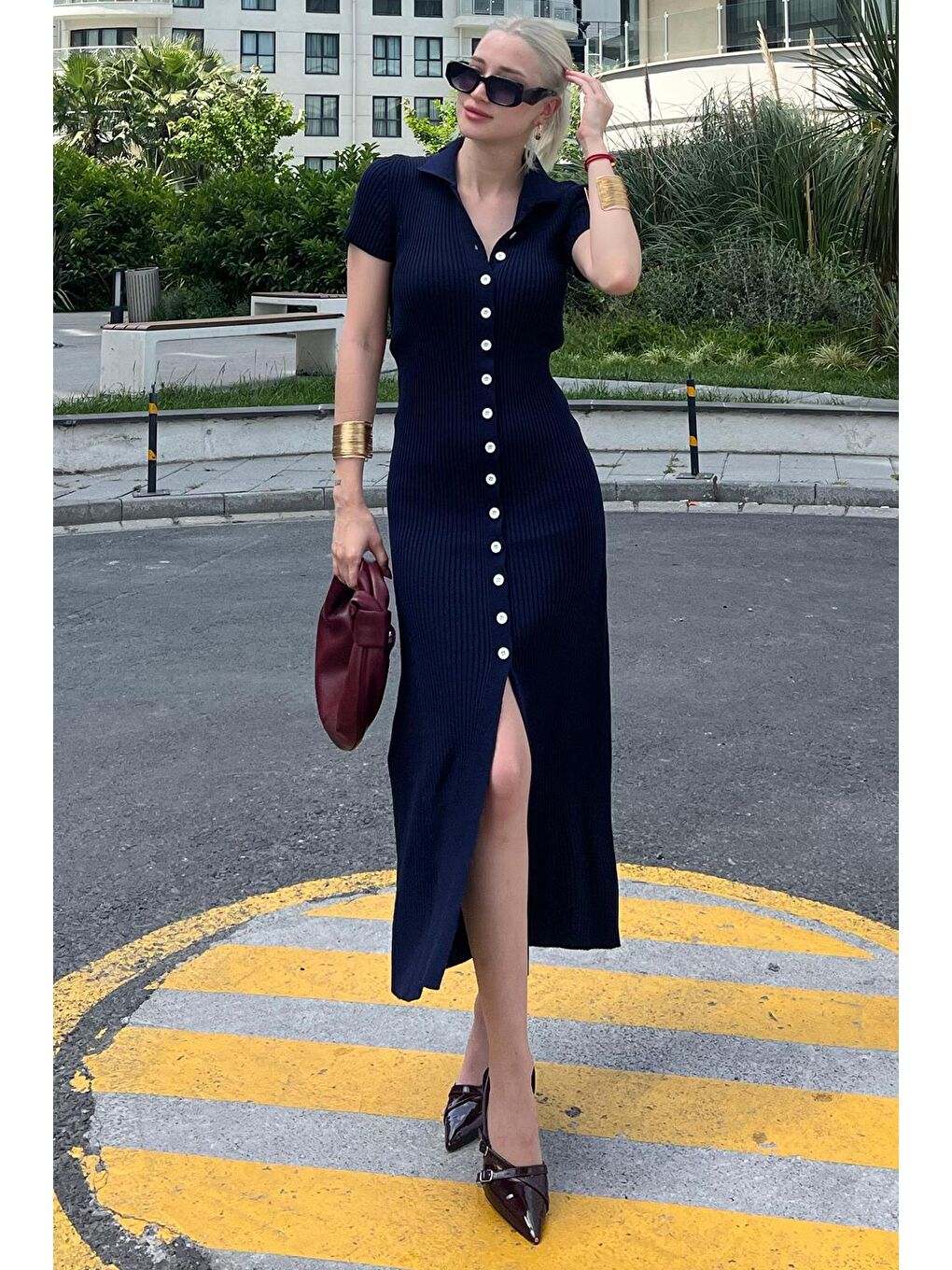 Lacivert Düğmeli V Yaka Uzun Triko Elbise Mg2078