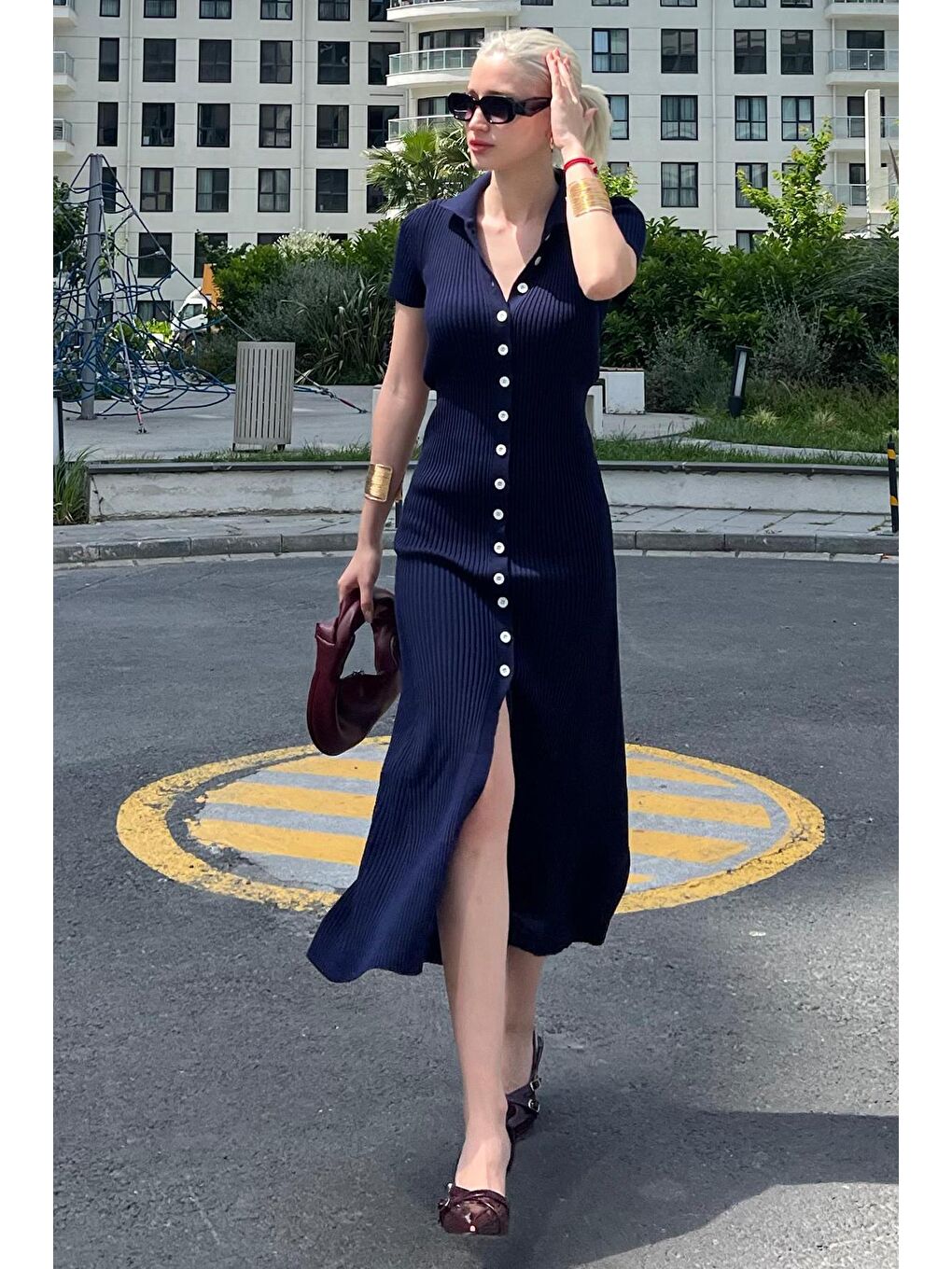 Lacivert Düğmeli V Yaka Uzun Triko Elbise Mg2078-1