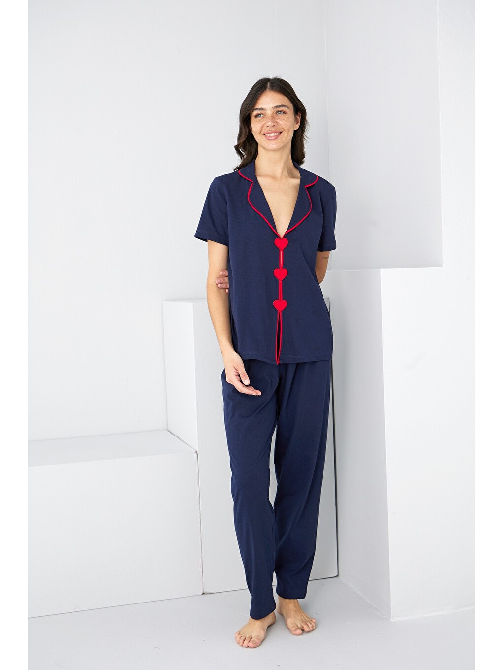 Lacivert Biye Detaylı Örme Pijama Takım7891-1