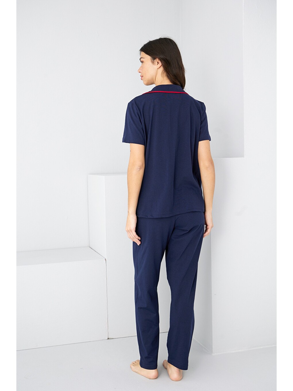 Lacivert Biye Detaylı Örme Pijama Takım7891-2
