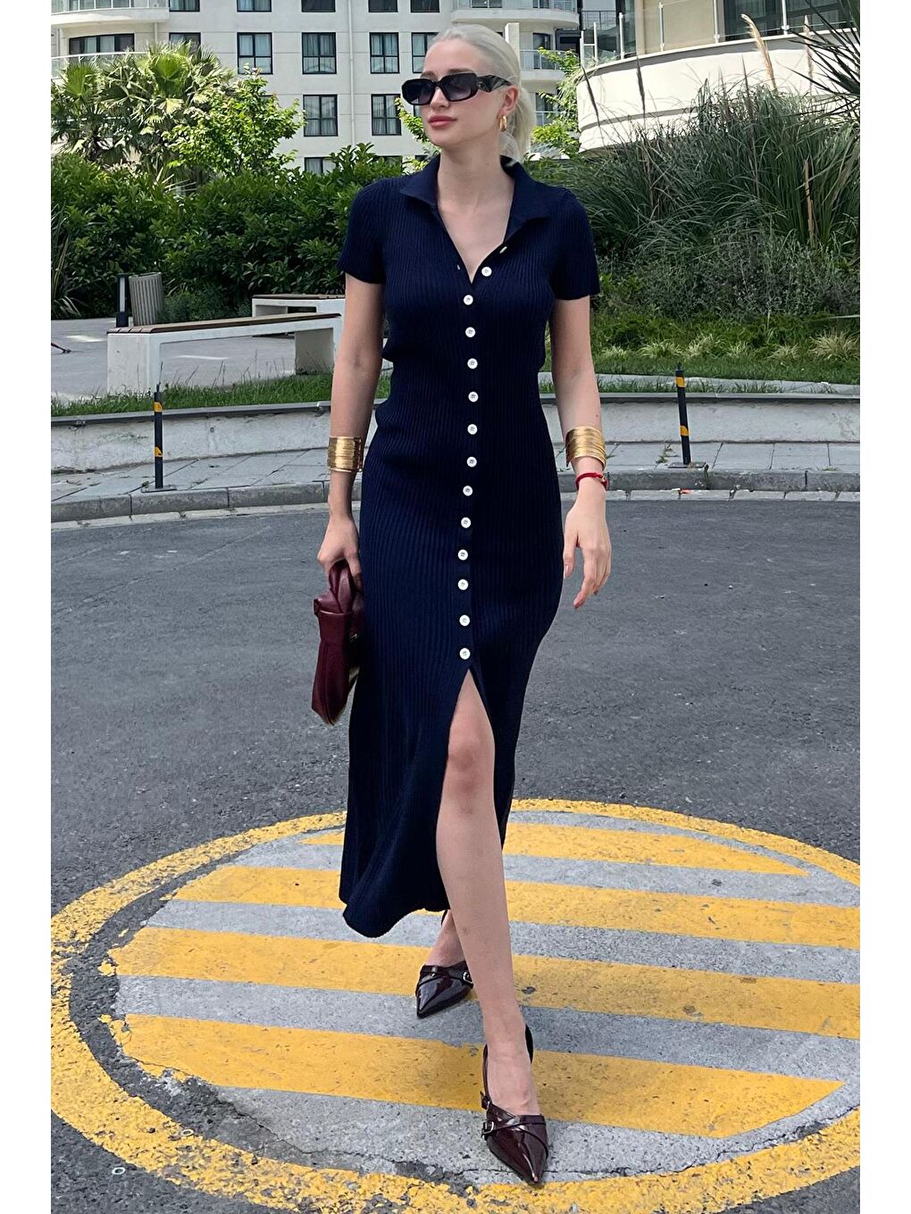 Lacivert Düğmeli V Yaka Uzun Triko Elbise Mg2078-2