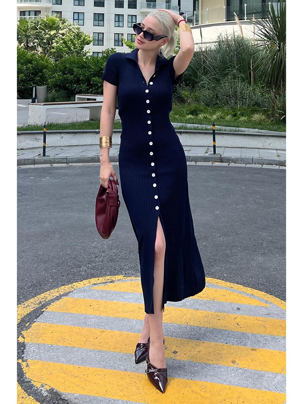 Lacivert Düğmeli V Yaka Uzun Triko Elbise Mg2078-3