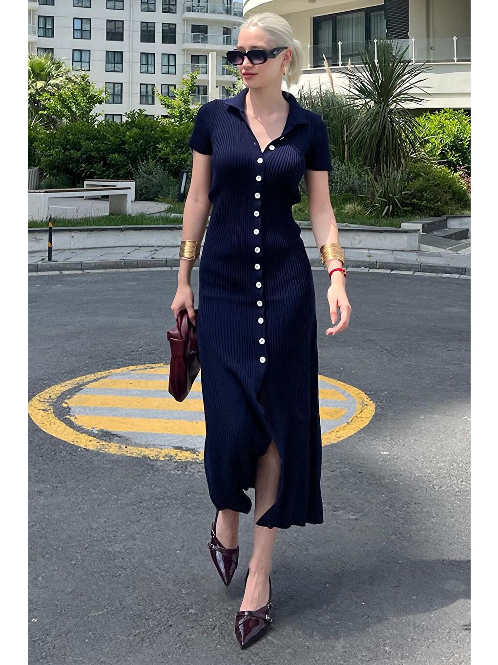 Lacivert Düğmeli V Yaka Uzun Triko Elbise Mg2078-4