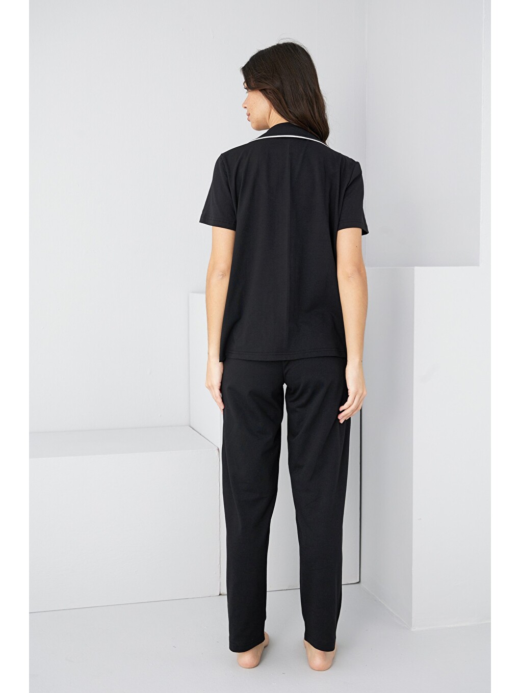 Siyah Biye Detaylı Örme Pijama Takım7891-2