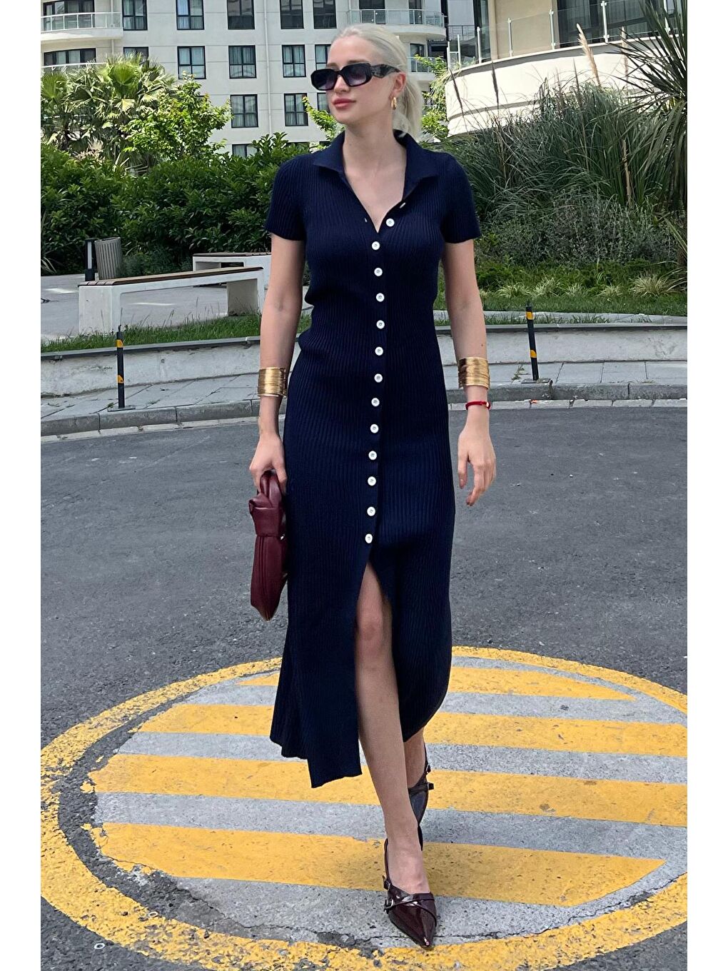 Lacivert Düğmeli V Yaka Uzun Triko Elbise Mg2078-5