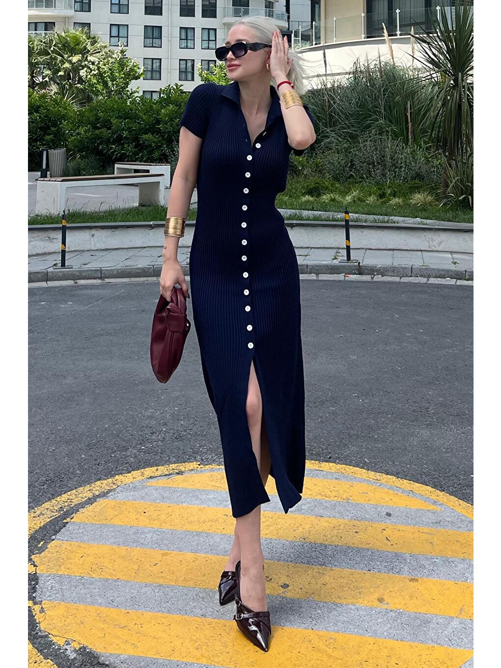 Lacivert Düğmeli V Yaka Uzun Triko Elbise Mg2078-6